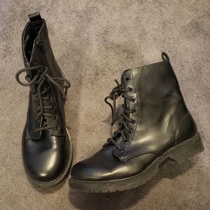 Black Combat Boots Wide Fit With Zipper And Laces